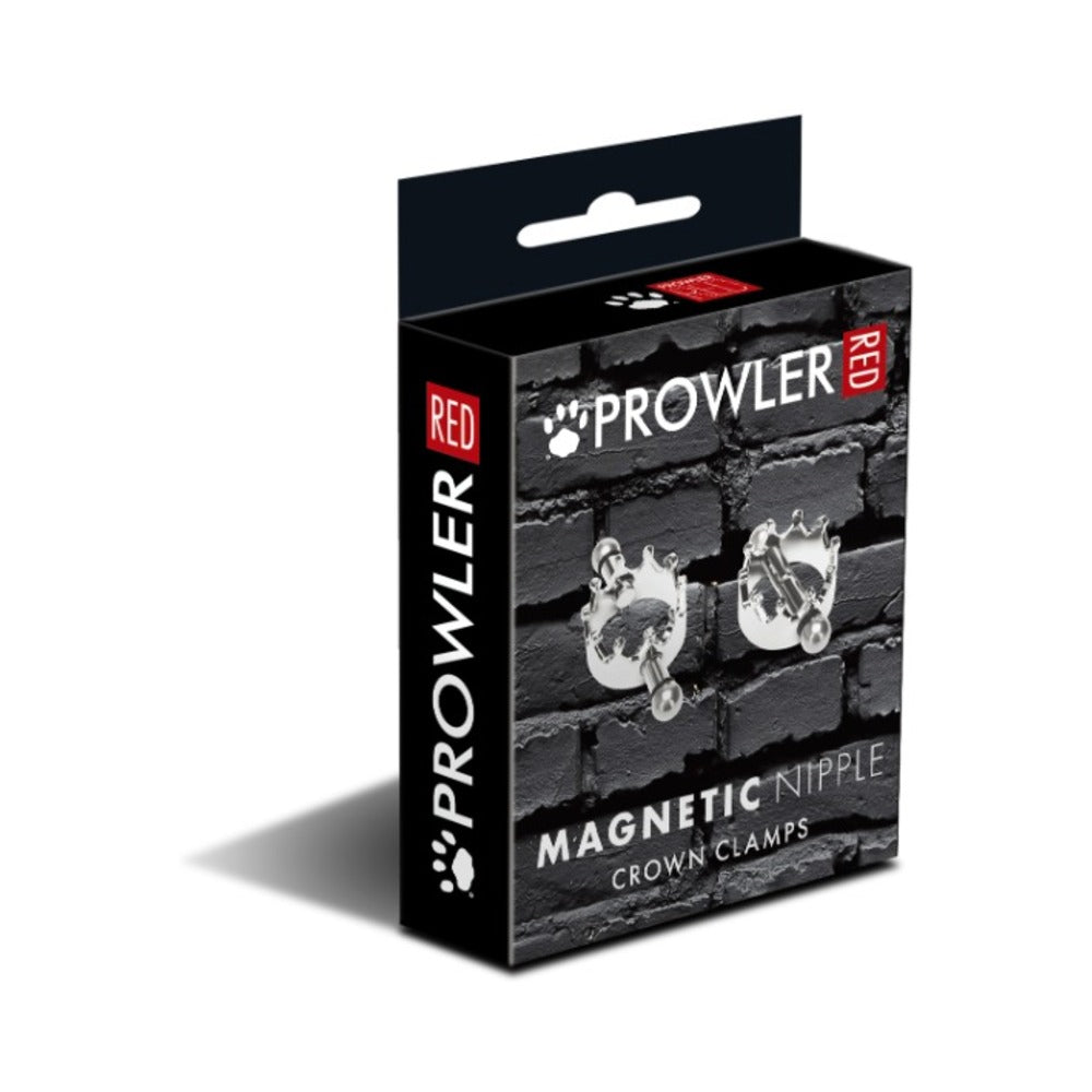 Prowler RED Magnetic Nipple Crown Clamps with gold-plated crown tips and sliding magnetic adjusters on a velvet background