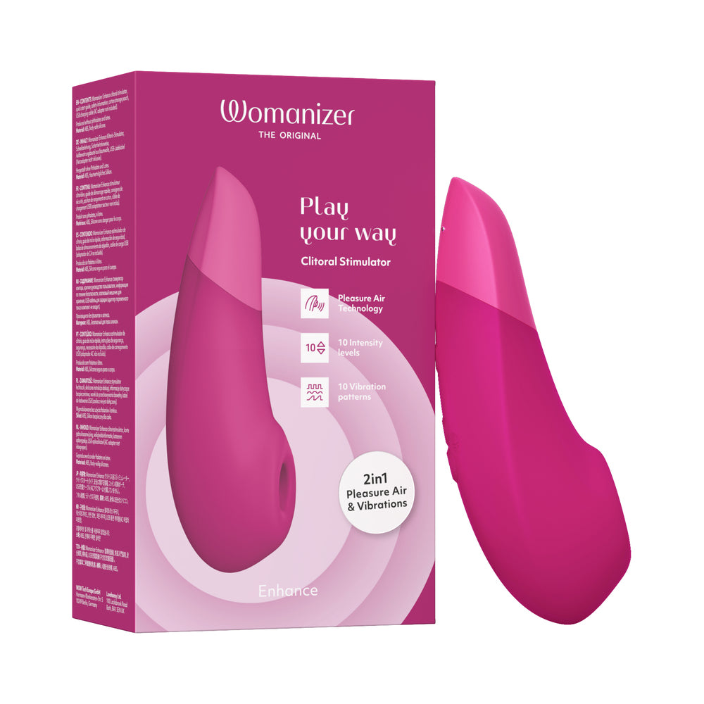 Womanizer Enhance Vibrant Pink clitoral stimulator on gray background