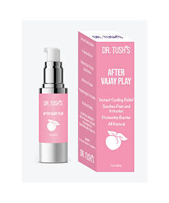 Dr. Tush's After Vajay Play 1 oz cooling gel tube on bathroom shelf with soft lighting