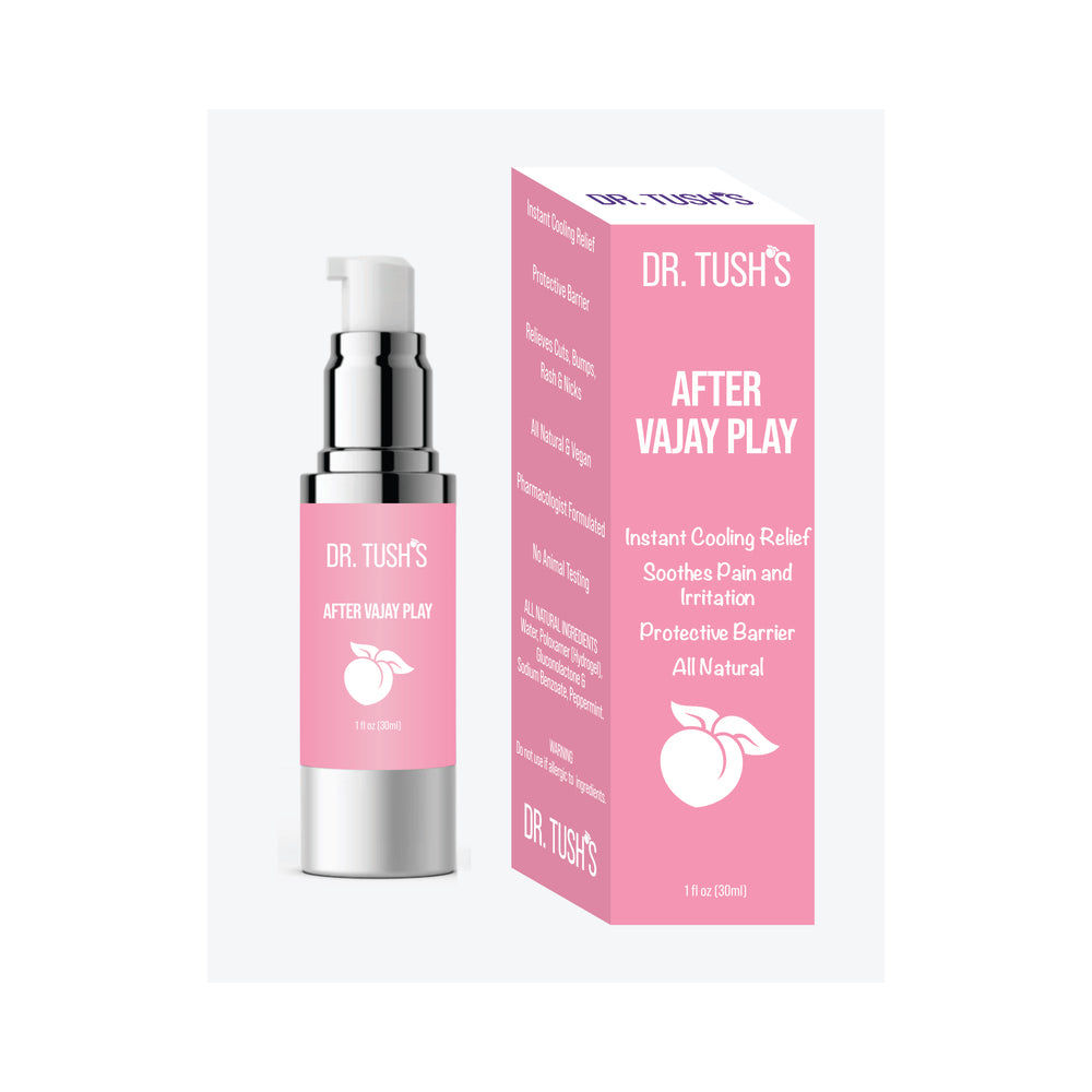 Dr. Tush's After Vajay Play 1 oz cooling gel tube on bathroom shelf with soft lighting