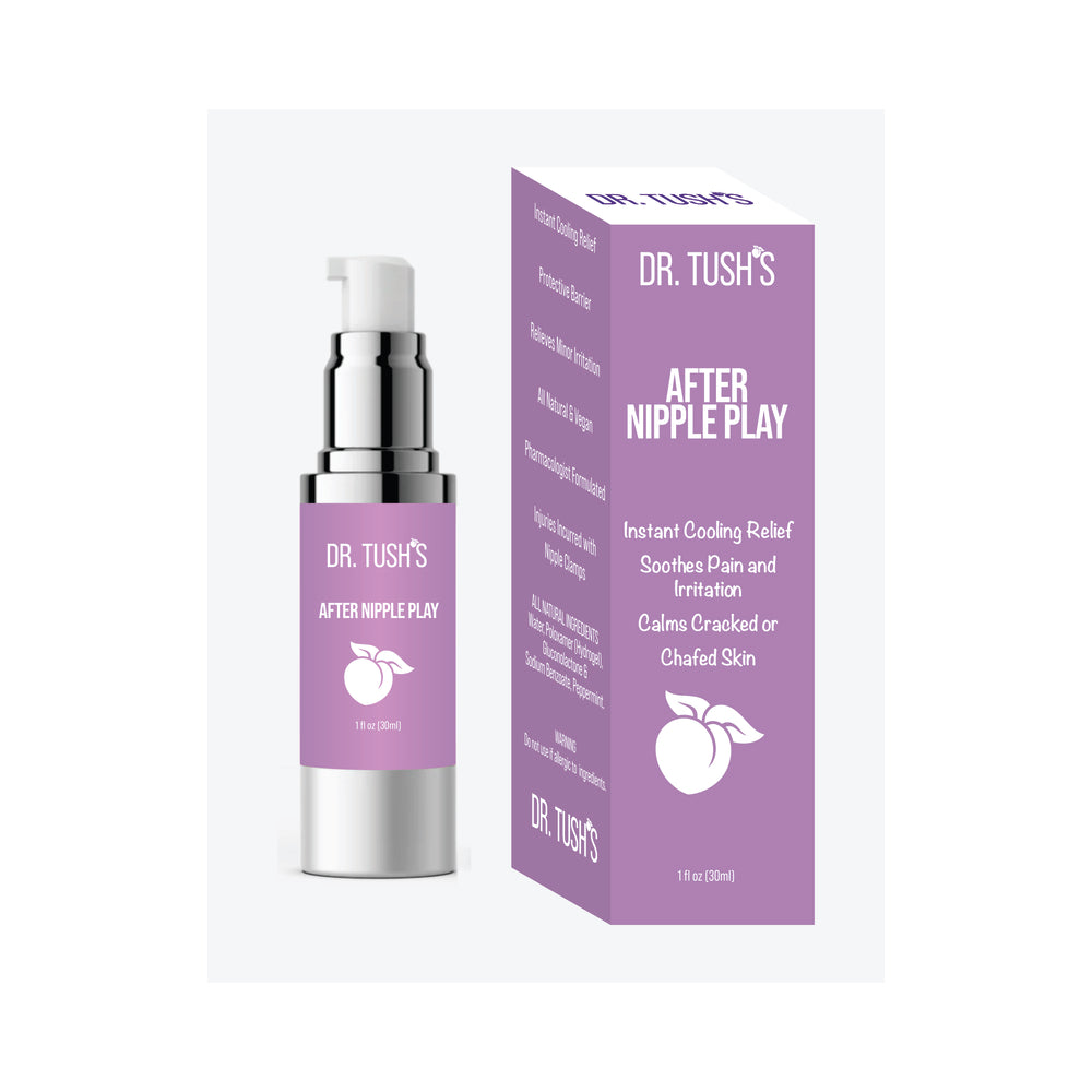 Dr. Tush's After Nipple Play 1 oz gel bottle with pump top on a soft backdrop