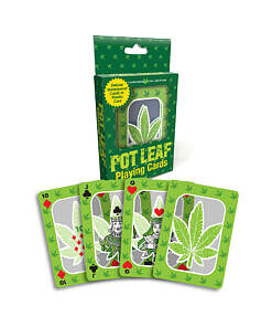 Pot Leaf Waterproof Playing Cards fanned out on a wooden table