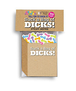 Bright yellow 3x3 inch sticky note pad with repeated Suck a Bag of Dicks text on every sheet