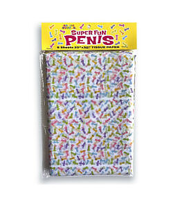 Stack of Super Fun Penis Tissue Paper sheets with silly pink and purple penis print design on a gift wrap background.
