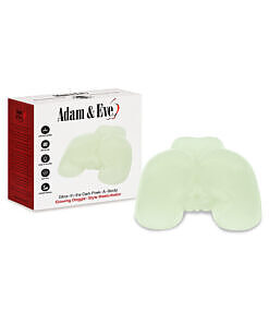 Rear view of Adam & Eve Glow-in-the-Dark Peek-A-Booty lit in green glow showing dual entry details on a dark background.