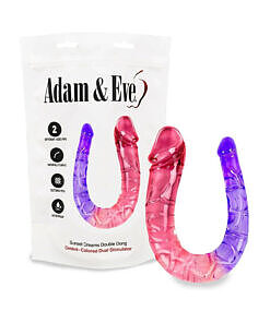 Sunset gradient silicone Adam & Eve double dong with flexible shaft on white background