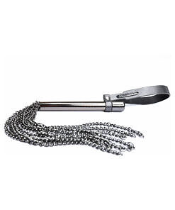 Coquette Mini Whip Grey with metal chain strands and sleek grey vegan leather handle against dark background.