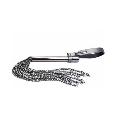Coquette Mini Whip Grey with metal chain strands and sleek grey vegan leather handle against dark background.