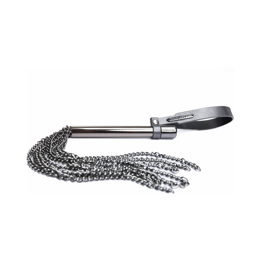 Coquette Mini Whip Grey with metal chain strands and sleek grey vegan leather handle against dark background.