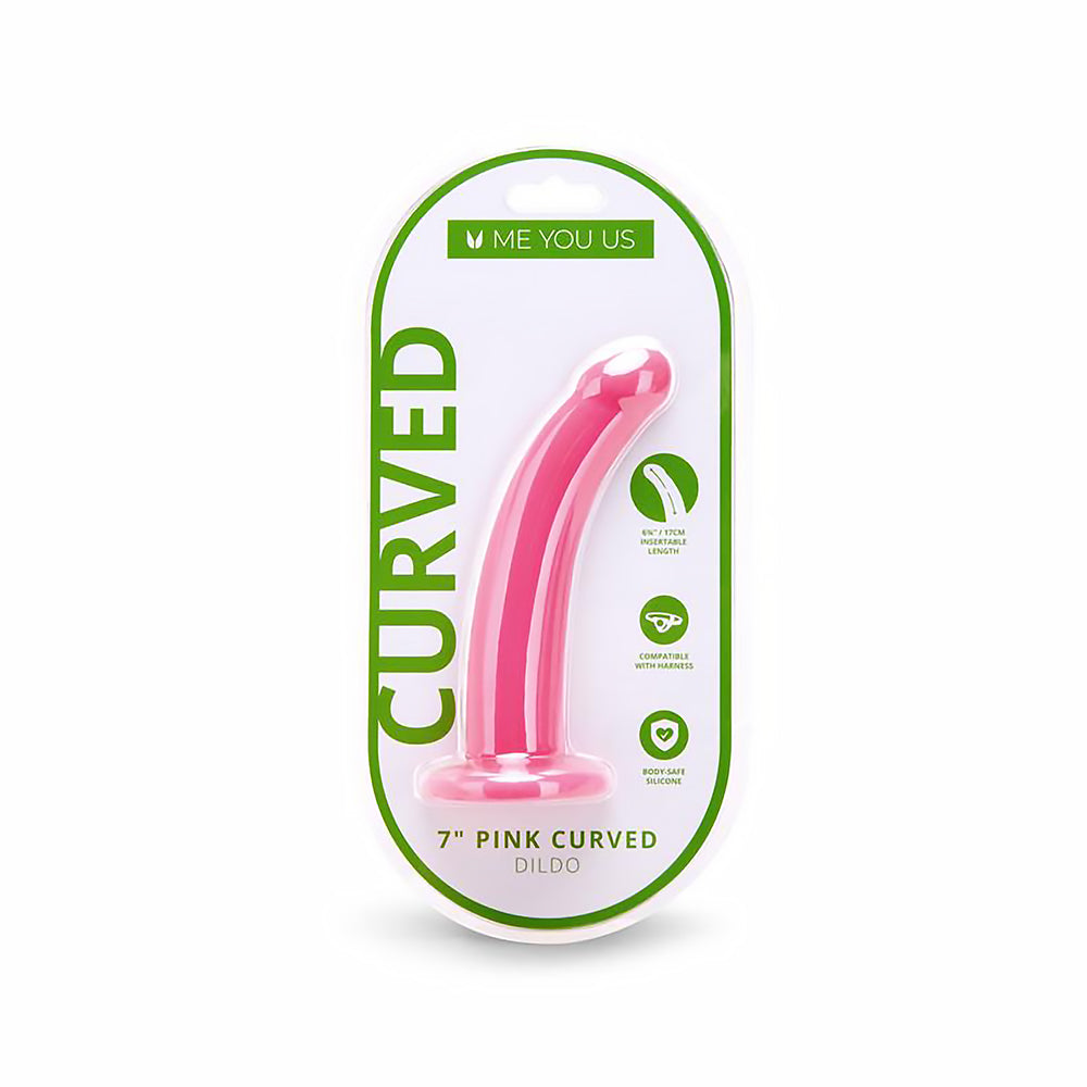 Me You Us Pink Curved Silicone Dildo 7in with a velvety pink texture