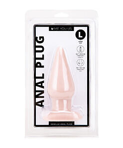 Me You Us Vanilla Large Anal Plug photographed on a clean white surface showing its tear-drop shape and flared base.