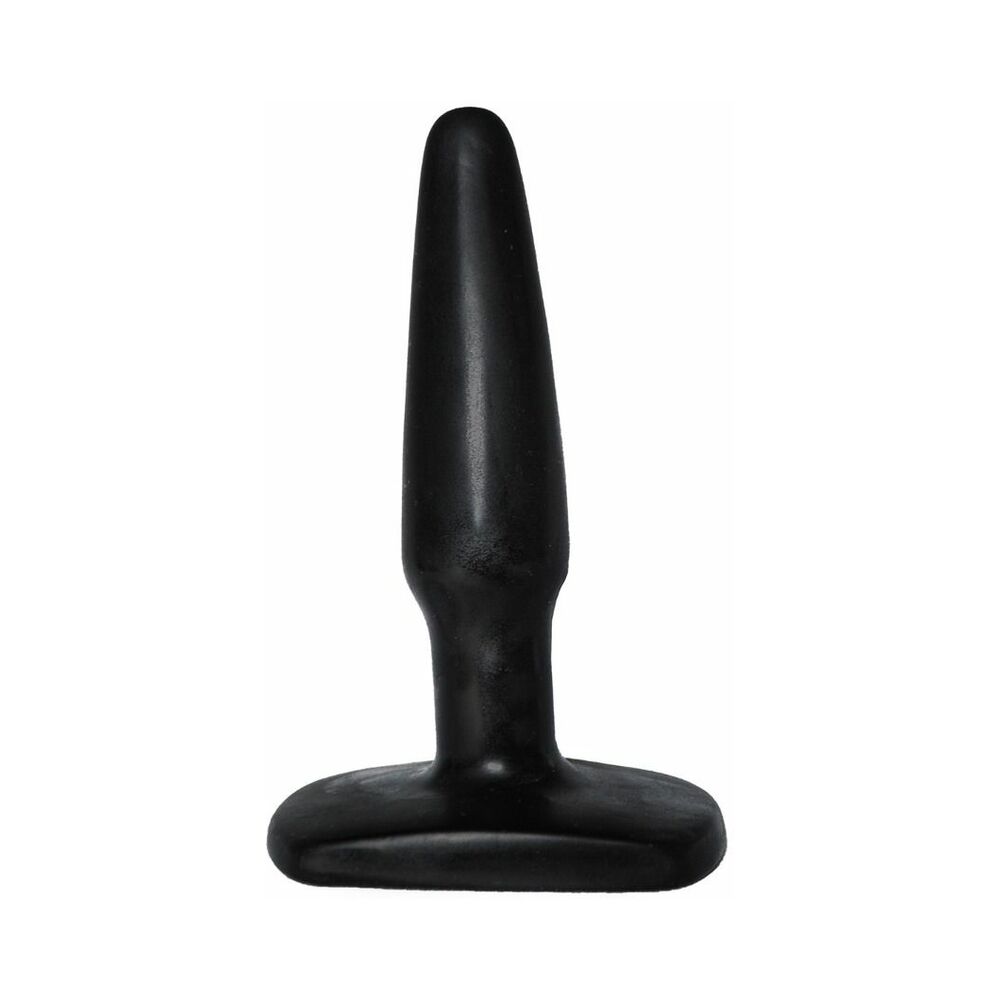 Me You Us Black Small Anal Plug displayed on a clean surface next to a bottle of lubricant