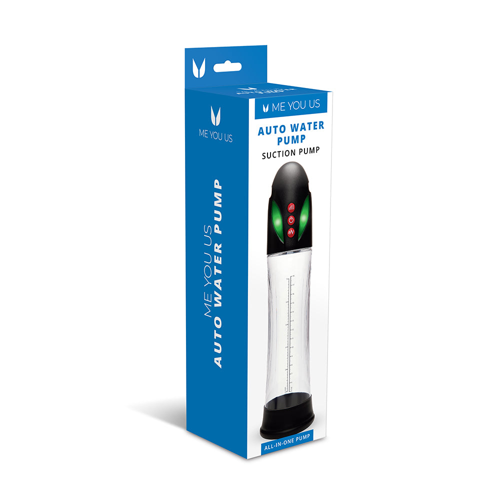 Me You Us Auto Water Pump with water-filled chamber and suction accessories on a clean surface