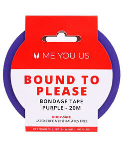 Me You Us Bound To Please Bondage Tape Restraints purple roll displayed on satin