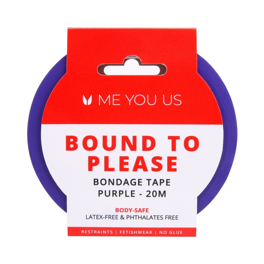 Me You Us Bound To Please Bondage Tape Restraints purple roll displayed on satin