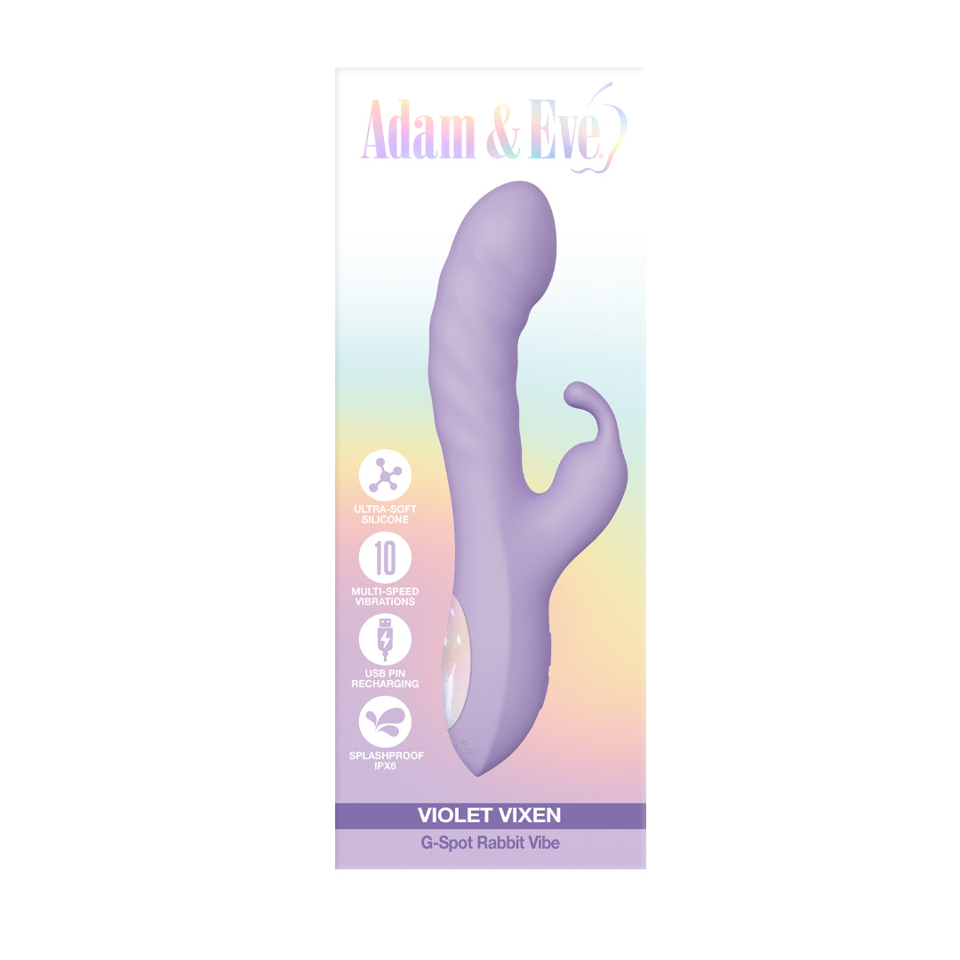 Purple silicone g-spot rabbit vibrator with curved head and ridged shaft on a sleek satin background.