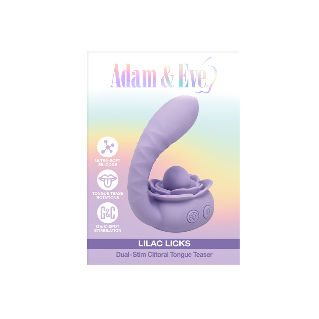Adam & Eve Lilac Licks silicone vibrator with flickering tongue tip and ergonomic curve