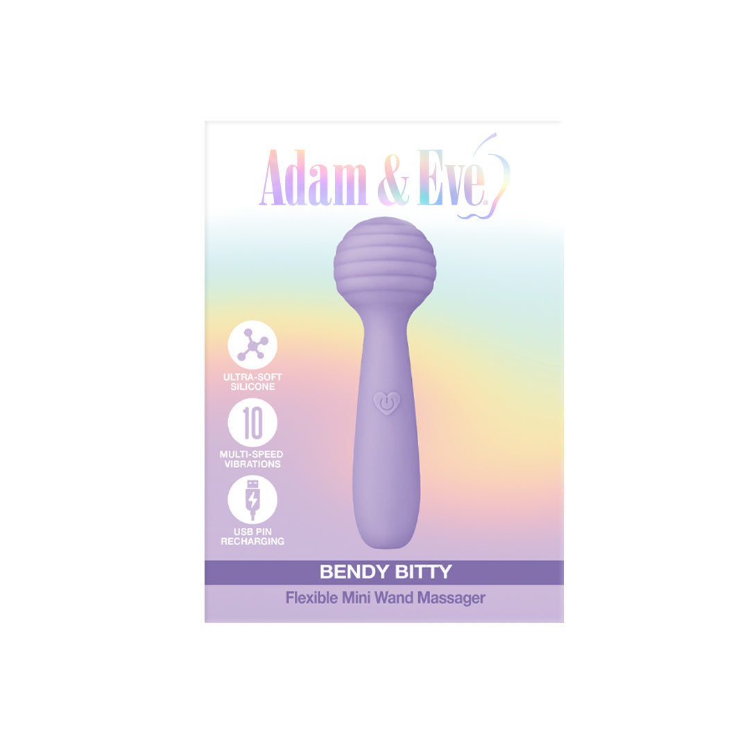 Adam & Eve Bendy Bitty Wand pink bendable silicone mini wand with USB charging cable on neutral background