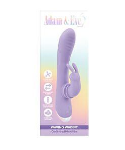 Adam & Eve Waving Wabbit rabbit vibrator in pink silicone with waving rabbit ears and touch controls on a white surface.