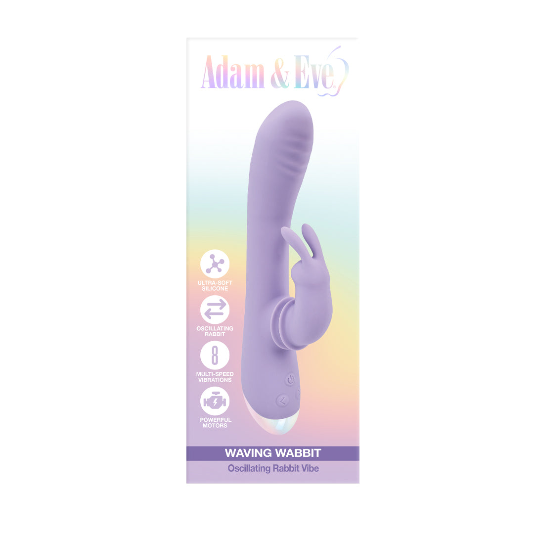 Adam & Eve Waving Wabbit rabbit vibrator in pink silicone with waving rabbit ears and touch controls on a white surface.