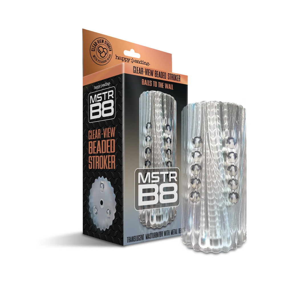 MSTR B8 Clear-View Beaded Stroker with 15 metal beads visible through transparent sleeve.