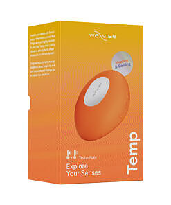 We-Vibe Temp Tangerine lay-on vibrator in vibrant tangerine silicone with ergonomic curve on a white background.