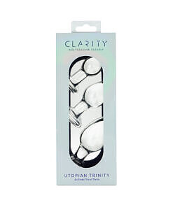 Clarity Utopian Trinity Glass Plug Set - three clear borosilicate glass plugs in graduated sizes displayed on a soft surface.