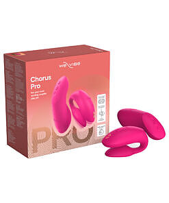 Electric Pink We-Vibe Chorus Pro couples vibrator shown on a white background with remote and charging cable.