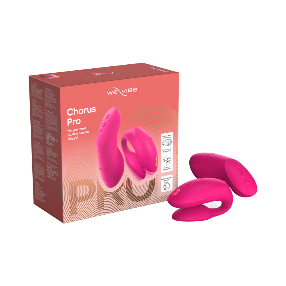 Electric Pink We-Vibe Chorus Pro couples vibrator shown on a white background with remote and charging cable.