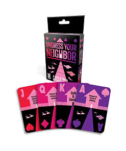 Undress Your Neighbor stripping card game box and colorful playing cards fanned out on a table with dim party lights.