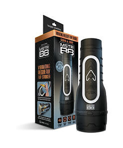 Black and teal MSTR B8 Goon&Grip vibrating pressure play stroker with interactive grip on a bed.