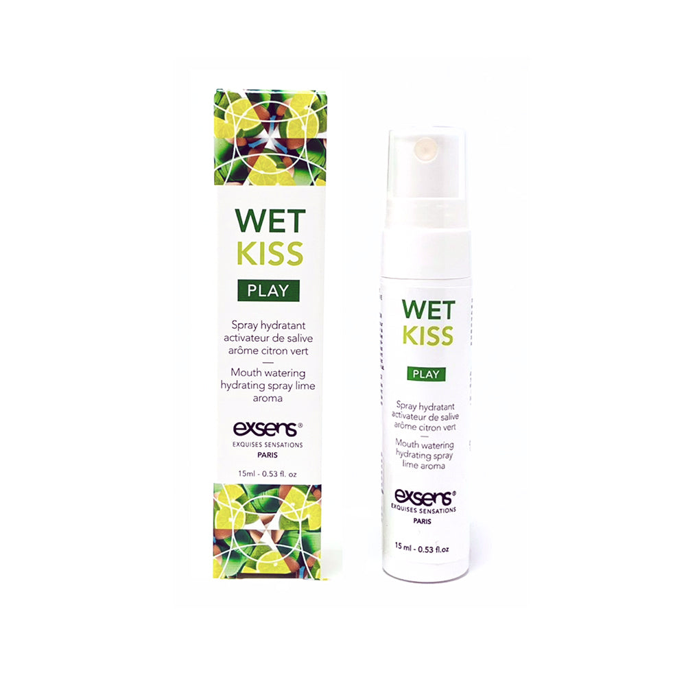 Exsens Wet Kiss Lime Moisturizing Saliva Spray 15ml bottle with lime green label and nozzle