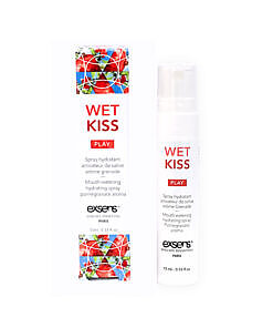 Exsens Wet Kiss Pomegranate Moisturizing Saliva Spray 15ml bottle with pink label and pomegranate design on white background.