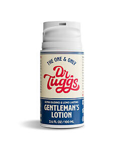 Front view of Dr.Tuggs Gentleman's Masturbation Lotion 3.4 oz bottle with dark pump top and label