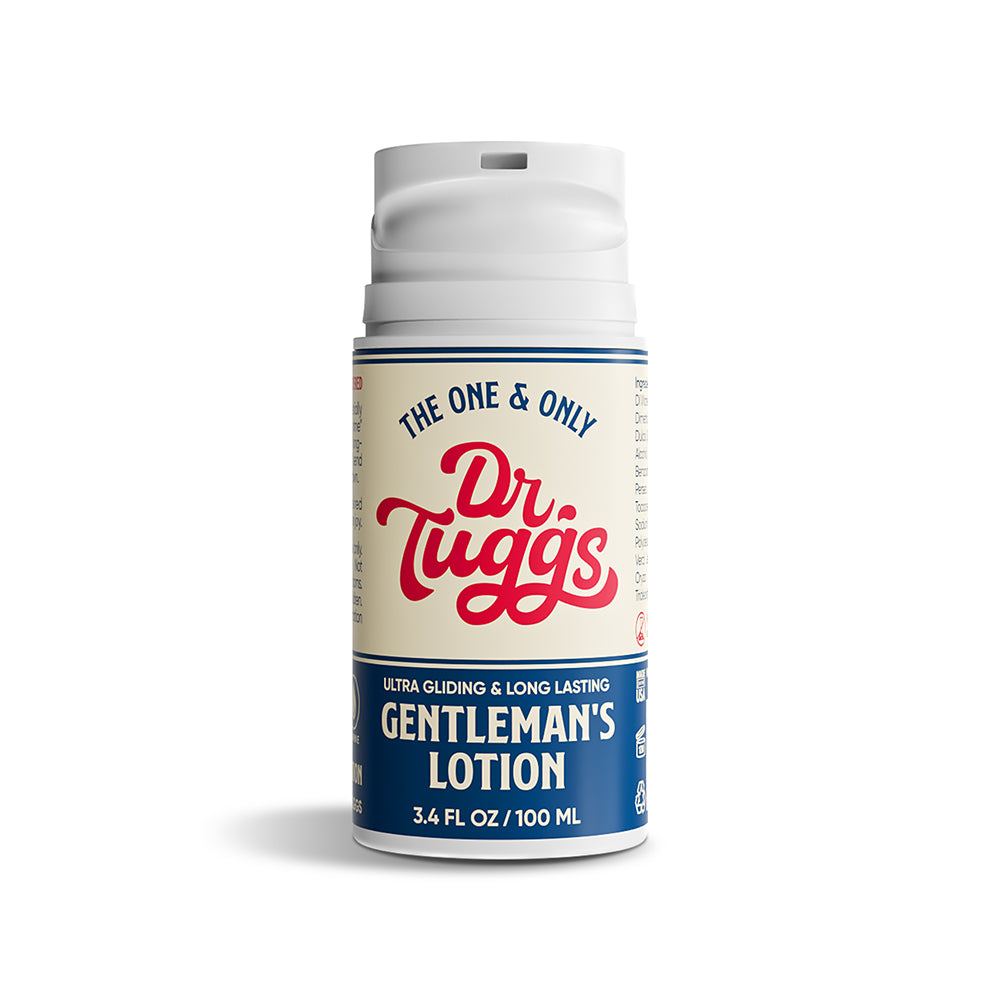 Front view of Dr.Tuggs Gentleman's Masturbation Lotion 3.4 oz bottle with dark pump top and label
