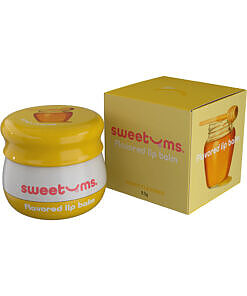 Sweetums Honey Lip Balm tube with golden honey illustration on a bright background