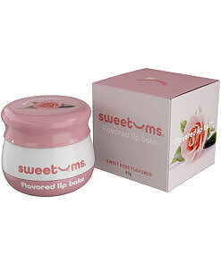 Sweetums Flavored Lip Balm Sweet Rose tube with soft pink tint and rose petal backdrop.
