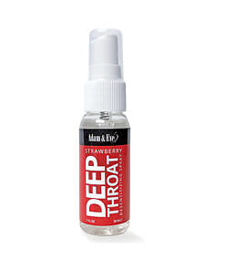 Adam & Eve Deep Throat Desensitizing Spray Strawberry bottle on white background showing strawberry label and metered spray pump nozzle
