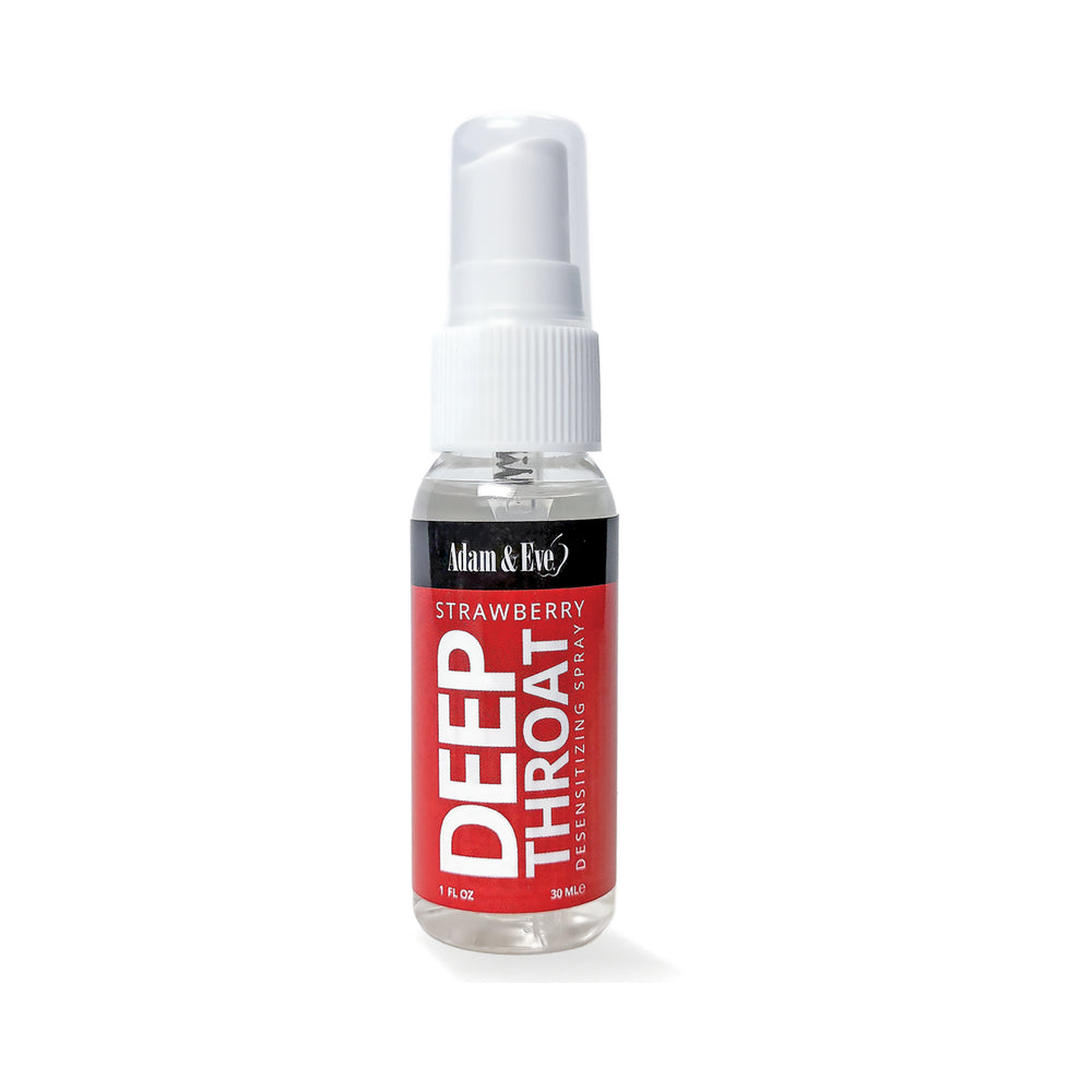 Adam & Eve Deep Throat Desensitizing Spray Strawberry bottle on white background showing strawberry label and metered spray pump nozzle