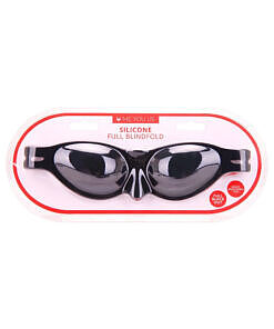 Me You Us Silicone Full Blindfold shown in sleek black with contoured eye cups and elastic strap on a plain background.