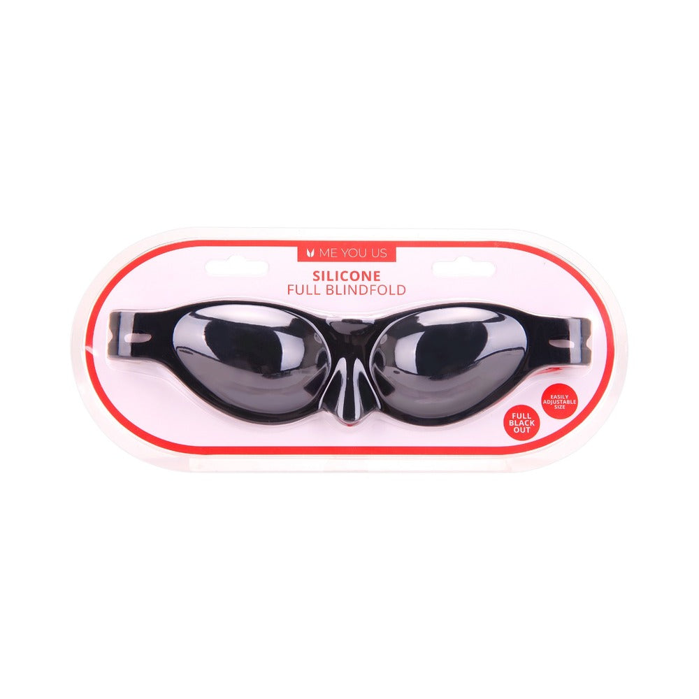 Me You Us Silicone Full Blindfold shown in sleek black with contoured eye cups and elastic strap on a plain background.