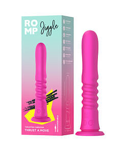 Romp Jiggle thrusting vibrator in cosmic pink with suction base for hands-free use