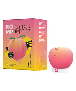 Romp Pink Peach pleasure air stimulator with soft pink silicone and round peach shape on a white background.
