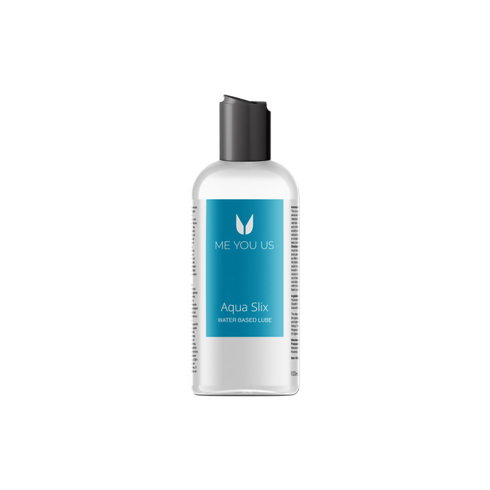 Me You Us Aqua Slix Water-Based Lubricant Clear 3.3 oz bottle with smooth gel texture on a clean white background.