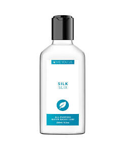 Me You Us Silk Slix water-based lubricant white 8.4 oz pump bottle on a clean bathroom shelf