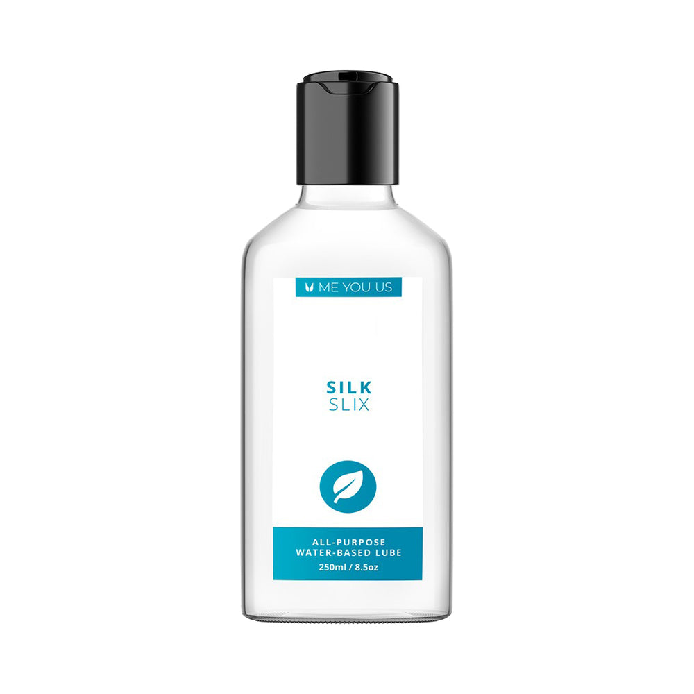 Me You Us Silk Slix water-based lubricant white 8.4 oz pump bottle on a clean bathroom shelf