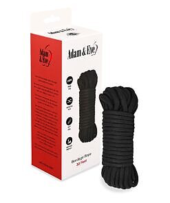 A coil of black Adam & Eve bondage rope with a soft sheen