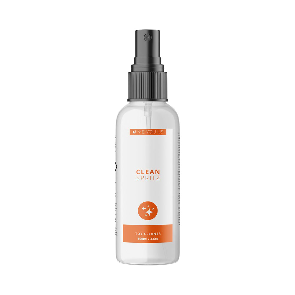 Me You Us Spritz Toy Cleaner Spray 3.3 oz bottle with spray nozzle on a clean surface.