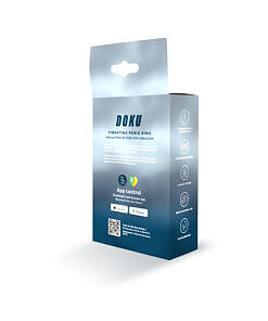 placed on a nightstand next to a smartphone displaying the Doku app.