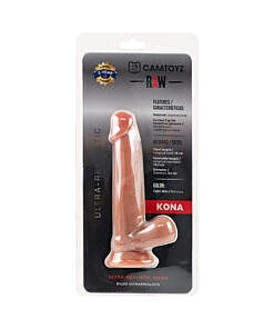 Camtoyz Ultra Realistic Dildo Kona in flesh tone with lifelike veins and suction cup base on a white surface.